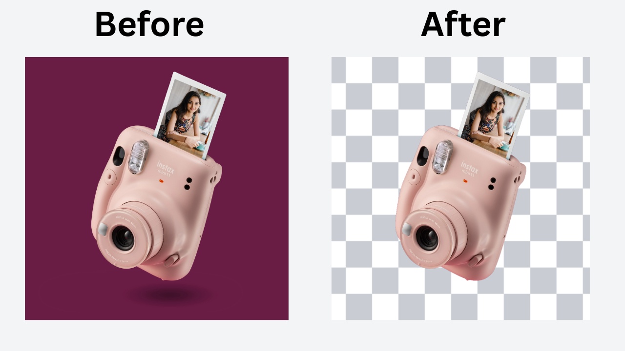 Before and after example of a pink camera with the background removed